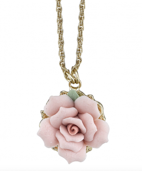 1928 Jewelry Porcelain Rose Pendant Necklace Detail