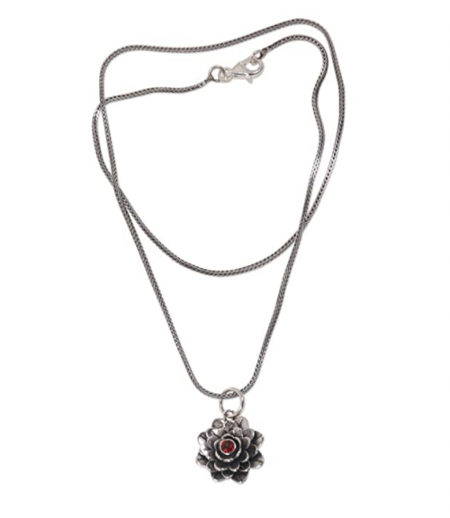 NOVICA Garnet Handmade Flower Necklace