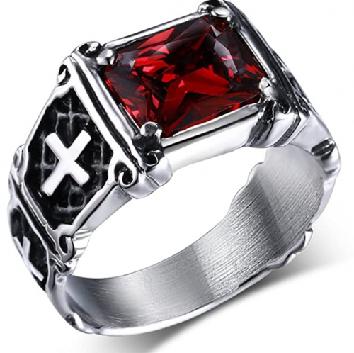 UOKOHO Men's Vintage AAA Ruby Red Stone Titanium and Stainless Steel Cross Ring