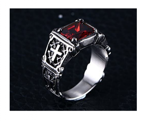 UOKOHO Men's Vintage AAA Ruby Red Stone Titanium and Stainless Steel Cross Ring