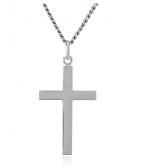 Men's Sterling Silver Solid Polished Cross with Lord's Prayer Inscription and Stainless Steel Chain