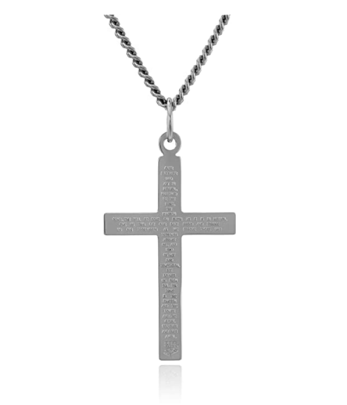 Men's Sterling Silver Solid Polished Cross with Lord's Prayer Inscription and Stainless Steel Chain