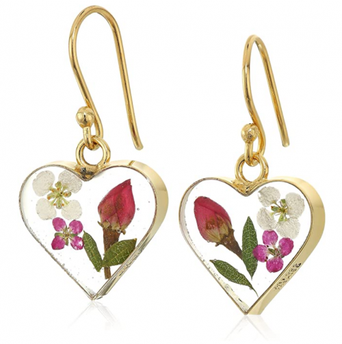 Silver on the Web 14k Gold Over Sterling Silver Pressed-Flower Heart Drop Earrings