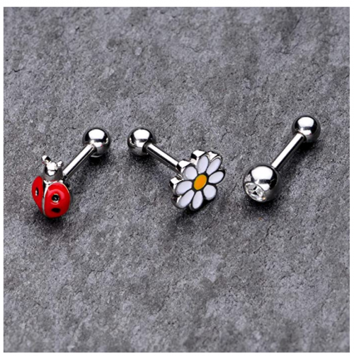 Body Candy 3Pc 16G Women 316L Stainless Steel Ladybug Flower Cartilage Earring Helix Tragus