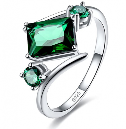 Merthus Womens 925 Sterling Silver Created Emerald Bypass Geometric Shaped Ring
