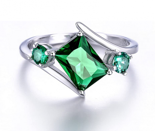 Merthus Womens 925 Sterling Silver Created Emerald Bypass Geometric Shaped Ring