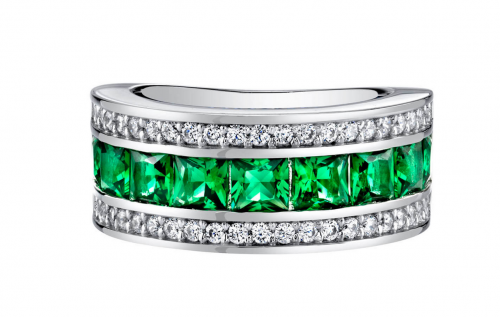 Ruby and Oscar Princess Cut Emerald and CZ Three Band Ring
