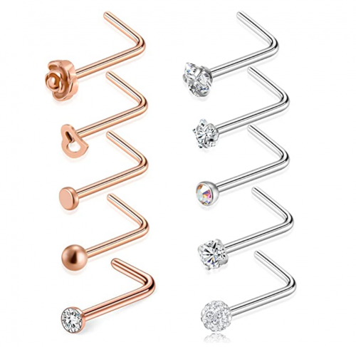 Tornito 20G 10Pcs Stainless Steel L Shaped Nose Ring CZ Nose Stud Retainer Labret Nose Piercing Jewelry for Women Men Silver Rose Gold Tone