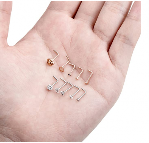 Tornito 20G 10Pcs Stainless Steel L Shaped Nose Ring CZ Nose Stud Retainer Labret Nose Piercing Jewelry for Women Men Silver Rose Gold Tone