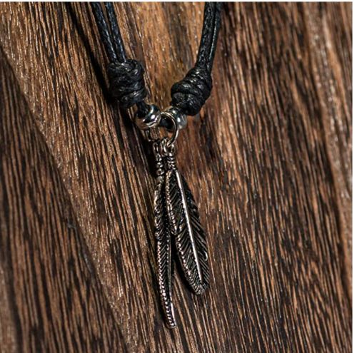 BlueRica Two Feather Pendants on Adjustable Black Rope Cord Necklace